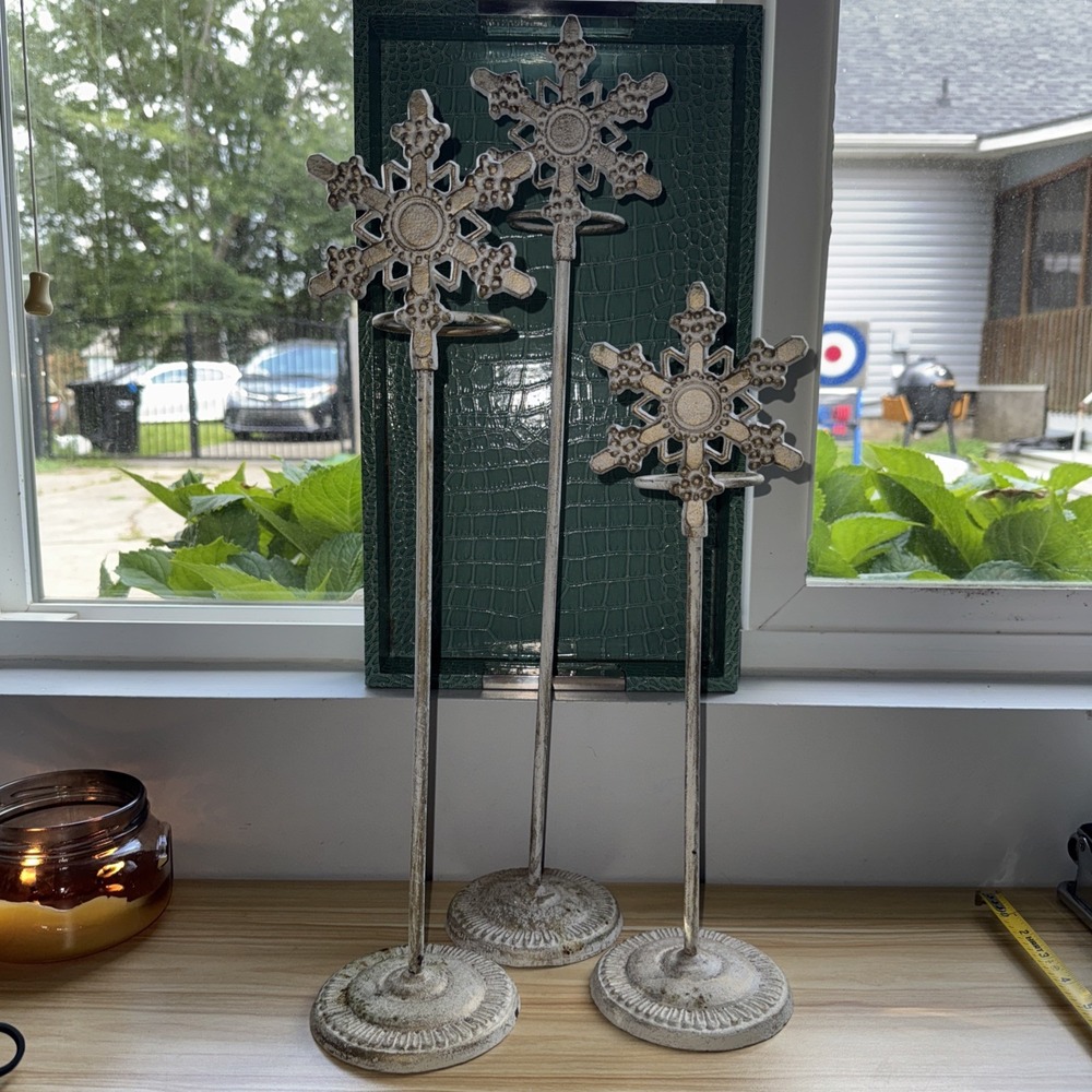 Vtg Heavy Metal Tall Snowflake Candle Votive Holders